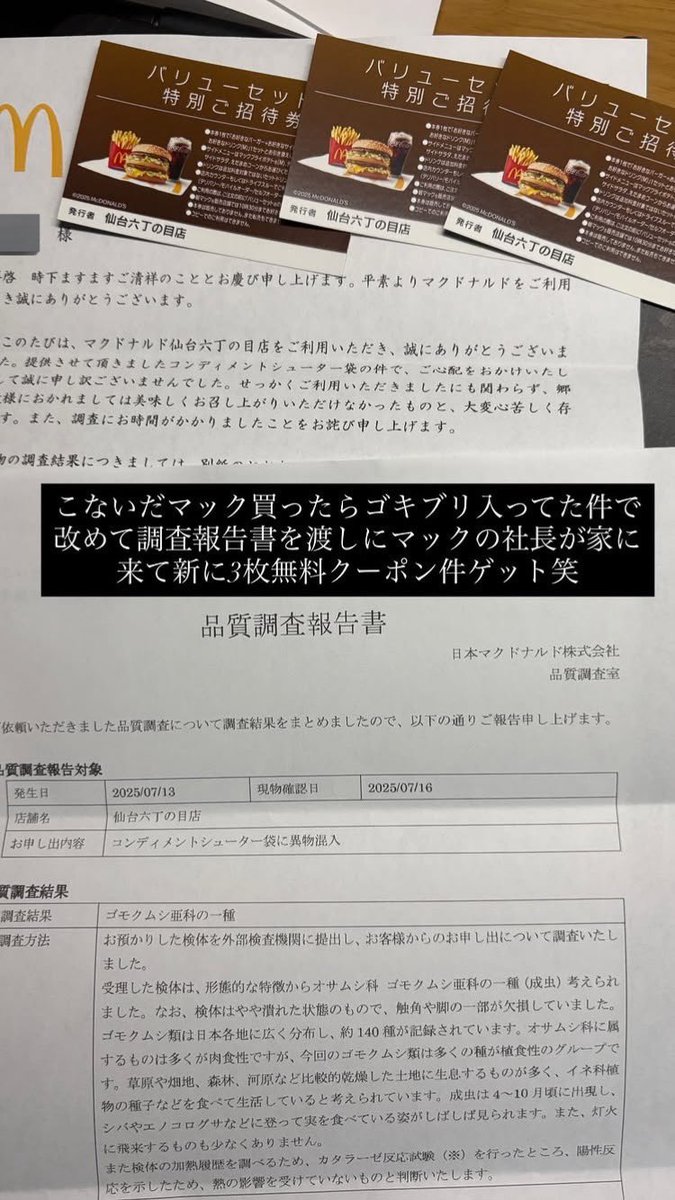 マクドナルド仙台六丁の目店で虫の混入が発覚 ― コンディメントシューター袋から甲虫類